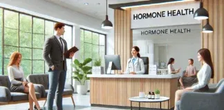 A modern medical clinic with a welcoming reception area, featuring a friendly receptionist and a professional doctor consulting a patient. The clean and well-lit environment conveys trust and professionalism, ideal for hormone health testing
