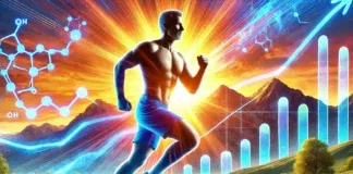 A dynamic illustration of a fit and healthy middle-aged man running outdoors at sunrise, symbolizing the effects of balanced testosterone levels on energy and vitality. The background features a vibrant natural landscape with mountains and a golden sunrise, representing longevity and well-being