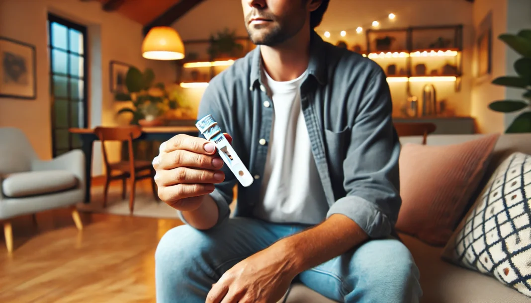 A close-up of a man using an at-home saliva testosterone test in a cozy living room. He carefully holds a small collection tube while following the instructions. The background features a warm, inviting home setting with soft lighting and indoor plants, creating a relaxed and private atmosphere