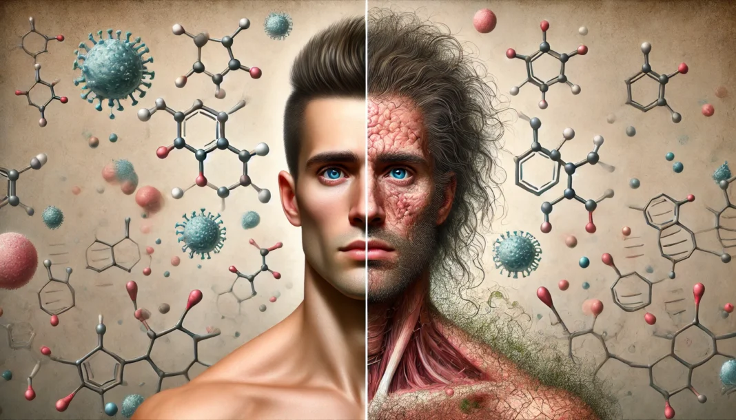 DALL·E 2025-03-19 20.38.41 - A surreal representation of hormonal imbalance caused by excessive testosterone use. The image features a split-portrait of a male figure, with one si A surreal split-portrait of a man, illustrating the effects of excessive testosterone. One side showcases a strong, youthful physique, while the other displays stress, acne, and hair loss. The background features molecular structures, symbolizing hormonal imbalance and its impact on the body