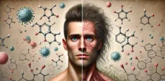 A surreal split-portrait of a man, illustrating the effects of excessive testosterone. One side showcases a strong, youthful physique, while the other displays stress, acne, and hair loss. The background features molecular structures, symbolizing hormonal imbalance and its impact on the body
