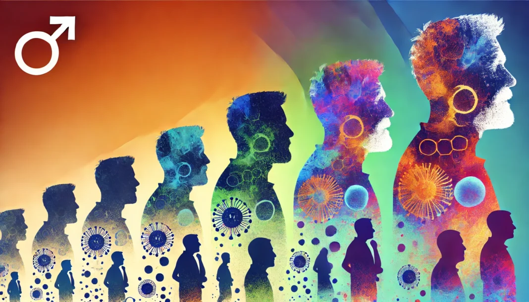 DALL·E 2025-03-19 20.53.37 - A visually engaging concept representing testosterone levels across different ages. The image shows a progression of male silhouettes from young adult A conceptual visual of male silhouettes progressing from young adulthood to old age, symbolizing changes in testosterone levels. The color gradient shifts from vibrant hues in youth to subdued tones in older age, visually depicting hormonal decline