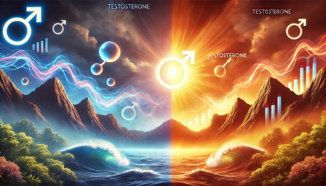 DALL·E 2025-03-19 21.18.00 - A conceptual visualization of testosterone levels over time, depicted through a natural landscape with shifting energy. The sunrise side of the image Natural landscape transitioning from sunrise to sunset, visually representing hormonal fluctuations throughout the day
