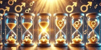 A conceptual digital artwork featuring a series of hourglasses filled with golden energy, symbolizing testosterone levels over time. The first hourglass is full and radiant, representing youth, while each successive hourglass loses its glow and energy, illustrating the natural decline in testosterone with age. The background transitions from a bright, vibrant tone to a subdued, cooler ambiance