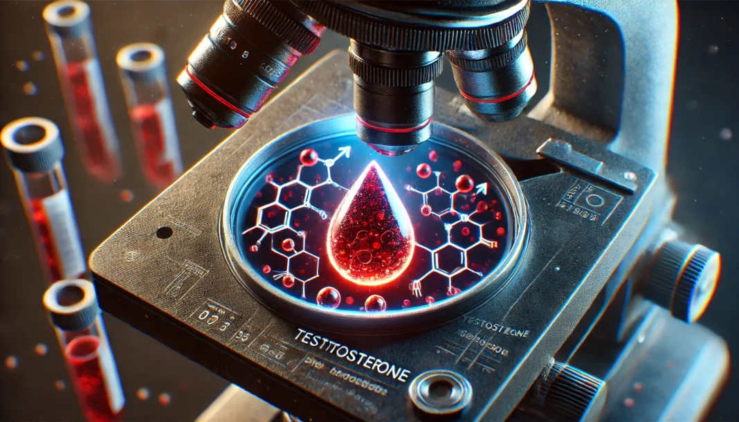 A close-up view of a blood drop under a futuristic microscope, revealing glowing molecular structures symbolizing testosterone and hormonal markers. The scene emphasizes advanced medical research and diagnostics