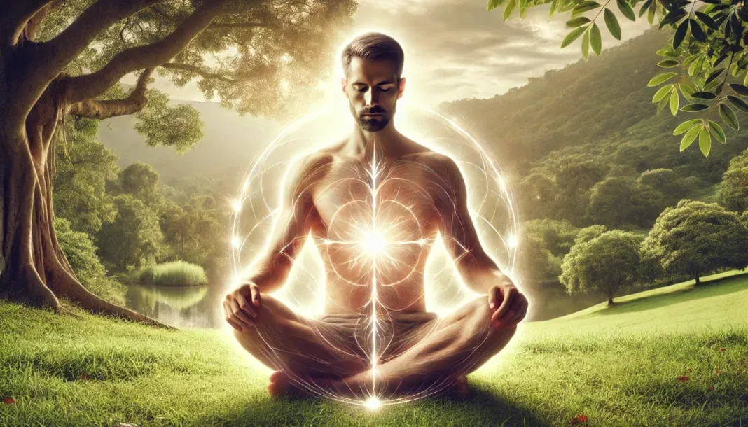 A serene, meditative man sitting cross-legged in a peaceful natural setting, bathed in soft golden light. His body radiates calm energy, symbolizing stress reduction and balanced testosterone levels. The lush greenery and tranquil sky emphasize relaxation and well-being