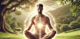 A serene, meditative man sitting cross-legged in a peaceful natural setting, bathed in soft golden light. His body radiates calm energy, symbolizing stress reduction and balanced testosterone levels. The lush greenery and tranquil sky emphasize relaxation and well-being