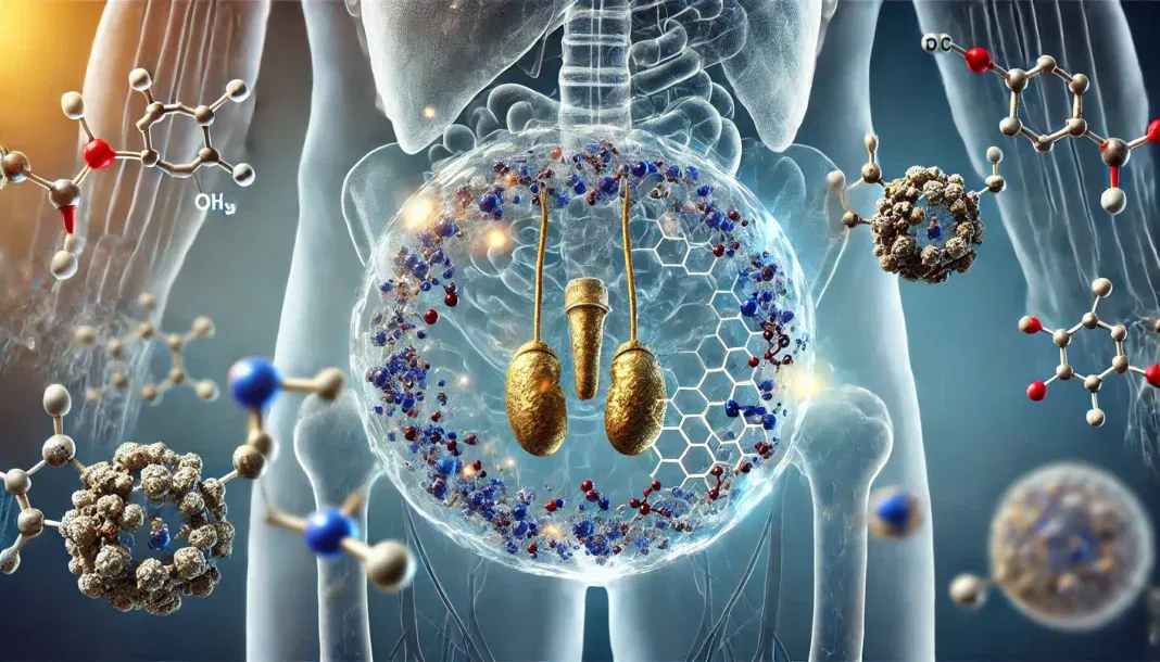 A detailed medical illustration of the male reproductive system, highlighting the testicles and their role in hormone production. The semi-transparent male torso displays glowing testicles, symbolizing testosterone production, with floating molecular structures representing key hormones. A professional blue medical gradient enhances the scientific theme