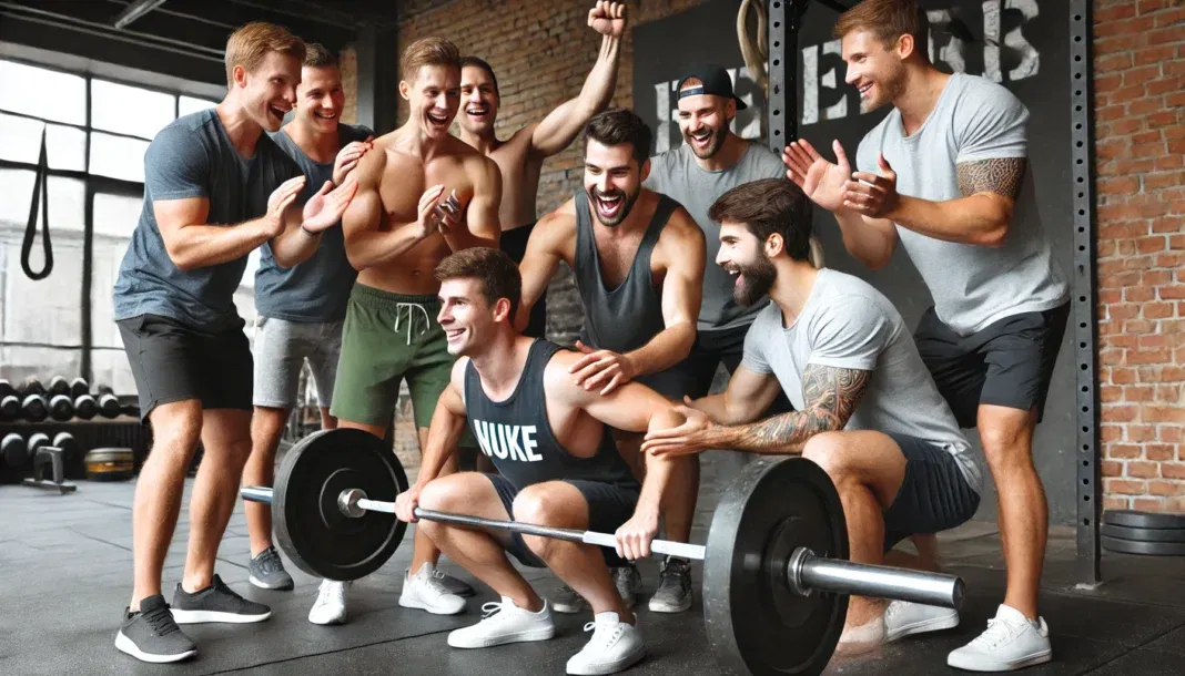 A group of men working out in a gym, lifting weights and cheering each other on. The scene highlights the role of social encouragement and camaraderie in boosting testosterone levels