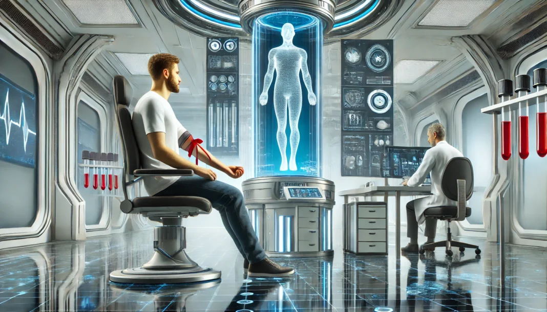 A high-tech medical laboratory where a male patient is having his blood drawn by a healthcare professional. The environment is sleek and futuristic, featuring advanced blood testing equipment and glowing digital screens, symbolizing precision and modern health diagnostics