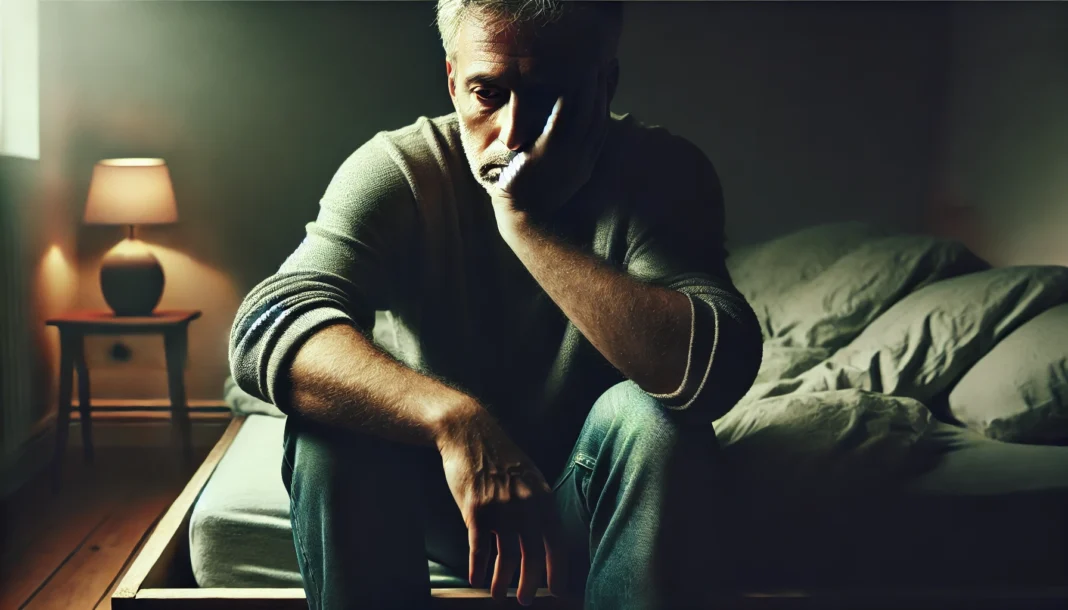 DALL·E 2025-03-20 18.02.12 - A moody, dimly lit image of a tired middle-aged man sitting on the edge of his bed, looking fatigued and lost in thought. His hands are on his face, a A moody, dimly lit image of a fatigued middle-aged man sitting on the edge of his bed, looking exhausted and lost in thought. The melancholic atmosphere emphasizes tiredness and low energy levels, visually representing symptoms of low testosterone