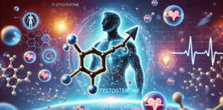 A futuristic 3D-rendered illustration of testosterone molecules glowing in a high-tech scientific environment. Surrounding the molecules are abstract visuals representing strength, energy, and masculinity, including a muscular silhouette and a heartbeat graph. The background features a blue and purple gradient, symbolizing scientific discovery and hormone health