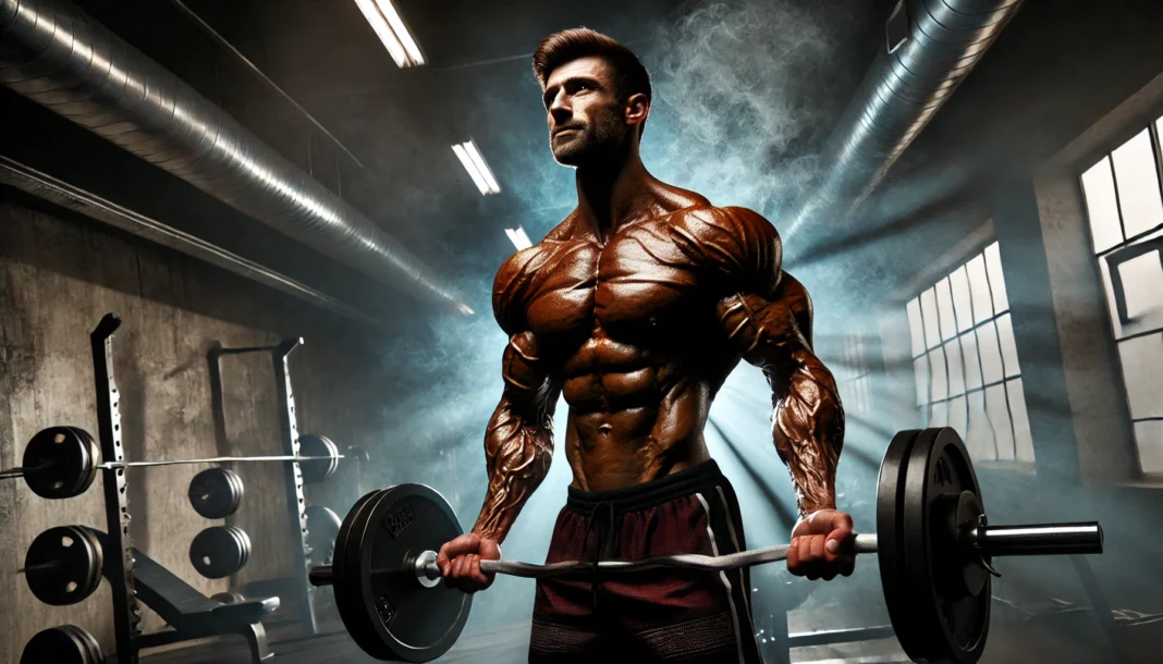 A highly muscular male bodybuilder with extreme muscle definition and prominent veins, lifting heavy weights in a dimly lit gym. The dramatic lighting highlights his powerful physique, symbolizing the impact of high testosterone levels on bodybuilding
