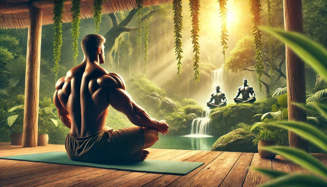 A bodybuilder meditating in a peaceful outdoor setting, surrounded by lush greenery. The scene represents stress reduction and mindfulness as a natural way to lower testosterone levels. The soft lighting enhances the relaxing atmosphere