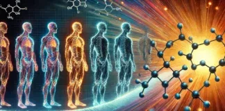 A conceptual digital artwork illustrating the phases of testosterone's effects over time. The image visually represents a timeline of energy states, transitioning from bright, glowing molecular structures to a fading effect, symbolizing the gradual decline of testosterone levels. The background blends cool and warm colors to depict change