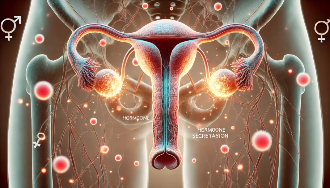 DALL·E 2025-03-20 20.30.29 - A highly detailed anatomical illustration showing the testes and ovaries within an intersex individual's reproductive system. The image emphasizes hor A highly detailed anatomical illustration of an intersex individual's reproductive system, showcasing both testes and ovaries. The image highlights testosterone production with glowing visual effects representing hormone secretion. The biological structures are emphasized against a neutral background