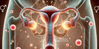 A highly detailed anatomical illustration of an intersex individual's reproductive system, showcasing both testes and ovaries. The image highlights testosterone production with glowing visual effects representing hormone secretion. The biological structures are emphasized against a neutral background