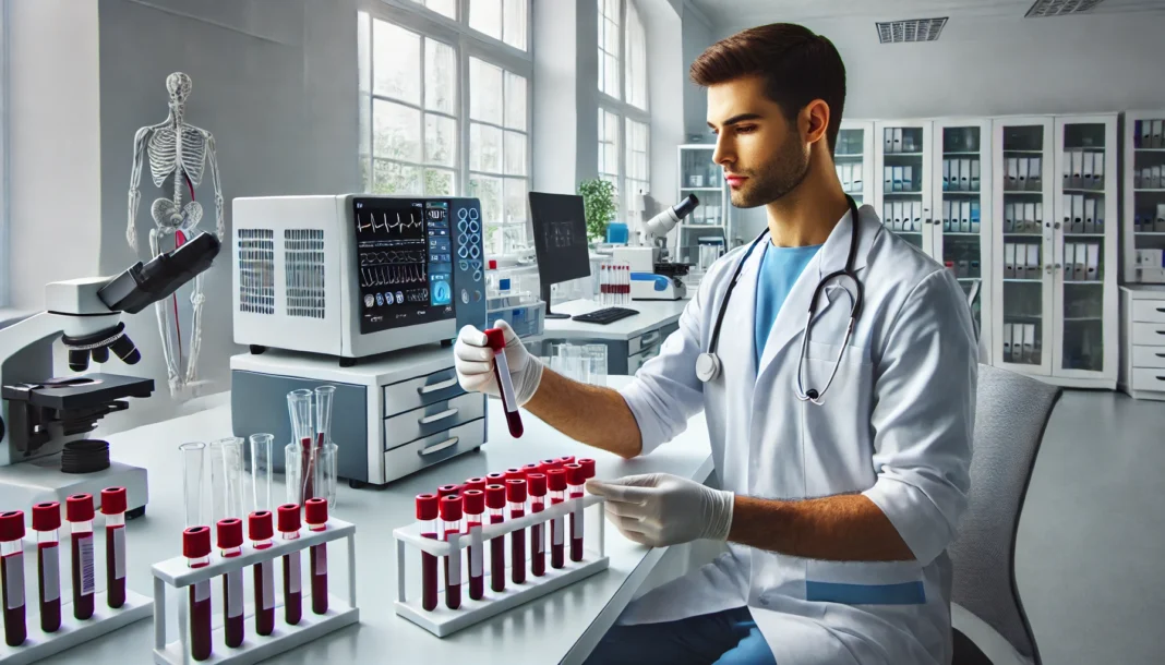 A modern medical laboratory with a technician handling blood samples in test tubes. The lab is well-lit, featuring advanced diagnostic equipment in the background, representing the clinical process of hormone blood testing