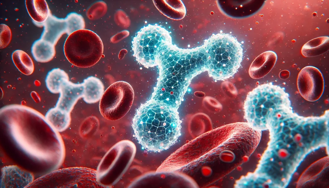 DALL·E 2025-03-20 20.59.01 - A close-up 3D-rendered visualization of testosterone molecules interacting with blood cells. The molecular structures are highlighted in a glowing eff A detailed 3D-rendered visualization of testosterone molecules glowing as they interact with red blood cells in a bloodstream. The image represents hormone calculation and biological analysis