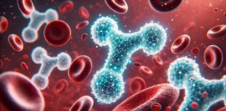 A detailed 3D-rendered visualization of testosterone molecules glowing as they interact with red blood cells in a bloodstream. The image represents hormone calculation and biological analysis