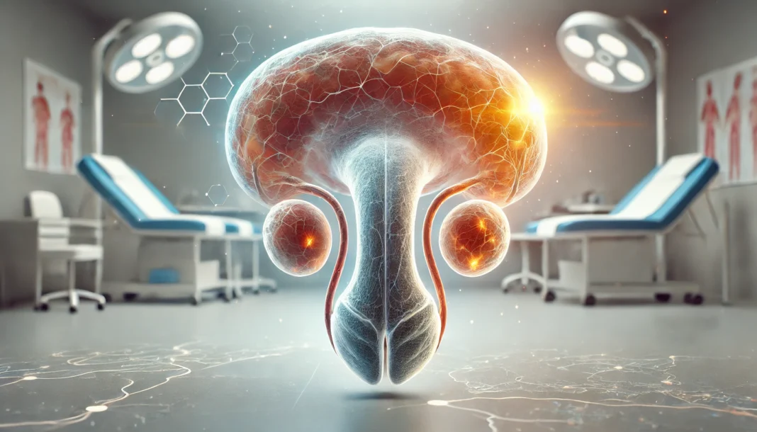 A scientific medical illustration showing testosterone molecules floating and interacting with human cells. The detailed molecular structures are arranged dynamically against a soft, high-tech medical gradient background, symbolizing the role of testosterone in the body