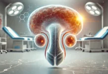 A scientific medical illustration showing testosterone molecules floating and interacting with human cells. The detailed molecular structures are arranged dynamically against a soft, high-tech medical gradient background, symbolizing the role of testosterone in the body