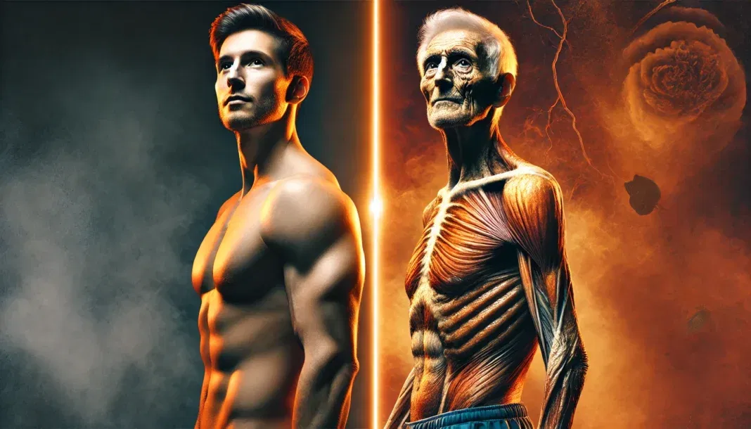 A side-by-side visual comparison of a young, muscular man with a confident posture on the left, and an older, frail man with a slightly hunched posture on the right. The younger figure is bathed in warm, energetic lighting, while the older figure appears under cooler, subdued tones, illustrating the impact of testosterone levels on male aging and vitality