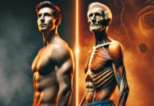 The Difference Between Free and Total Testosterone: Why It Matters for Men’s Health and Longevity A side-by-side visual comparison of a young, muscular man with a confident posture on the left, and an older, frail man with a slightly hunched posture on the right. The younger figure is bathed in warm, energetic lighting, while the older figure appears under cooler, subdued tones, illustrating the impact of testosterone levels on male aging and vitality