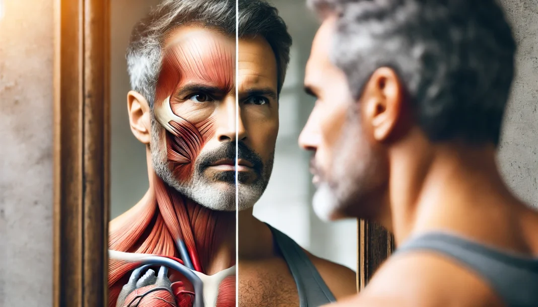 A close-up of a middle-aged man looking at his reflection in the mirror with a thoughtful expression. One side of his reflection appears strong and vibrant, symbolizing high testosterone, while the other side looks fatigued and aged, representing hormonal imbalance. The blurred background enhances the sense of introspection