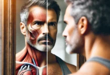 Is a 900 Testosterone Level Optimal or Too High? Understanding Healthy Ranges for Men’s Hormone Health A close-up of a middle-aged man looking at his reflection in the mirror with a thoughtful expression. One side of his reflection appears strong and vibrant, symbolizing high testosterone, while the other side looks fatigued and aged, representing hormonal imbalance. The blurred background enhances the sense of introspection