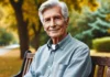 An elderly man with gray hair and wrinkles sits on a park bench, smiling gently as he enjoys the fresh air. The background features golden autumn trees, symbolizing the passage of time and the beauty of aging.