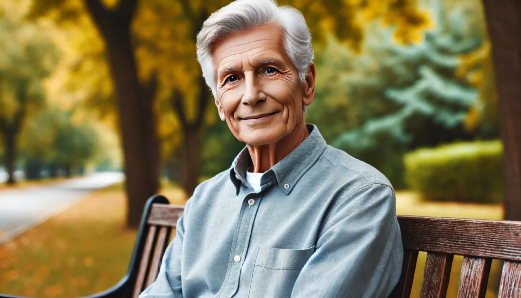 Elderly Man Enjoying a Peaceful Moment in Nature An elderly man with gray hair and wrinkles sits on a park bench, smiling gently as he enjoys the fresh air. The background features golden autumn trees, symbolizing the passage of time and the beauty of aging.
