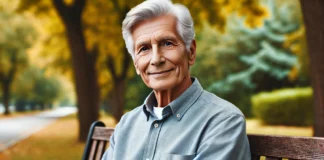 An elderly man with gray hair and wrinkles sits on a park bench, smiling gently as he enjoys the fresh air. The background features golden autumn trees, symbolizing the passage of time and the beauty of aging.