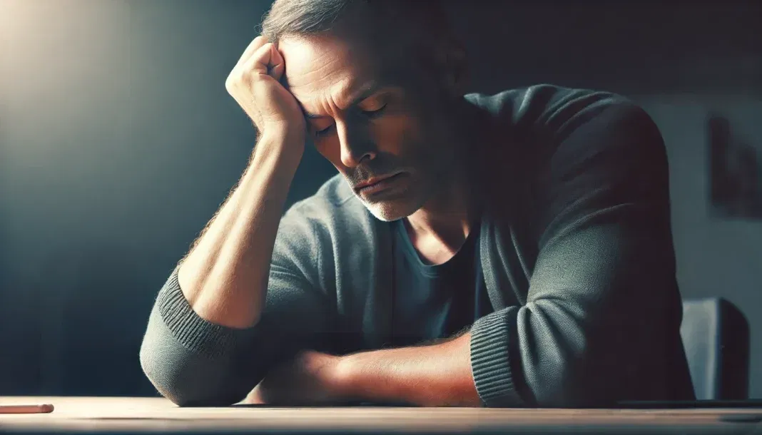 A middle-aged man with a tired expression sits alone at a table, resting his head on his hand. The dim lighting and subdued atmosphere emphasize exhaustion, lack of motivation, and hormonal imbalance, symbolizing low testosterone.