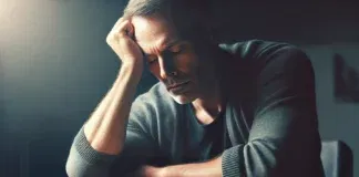 A middle-aged man with a tired expression sits alone at a table, resting his head on his hand. The dim lighting and subdued atmosphere emphasize exhaustion, lack of motivation, and hormonal imbalance, symbolizing low testosterone.