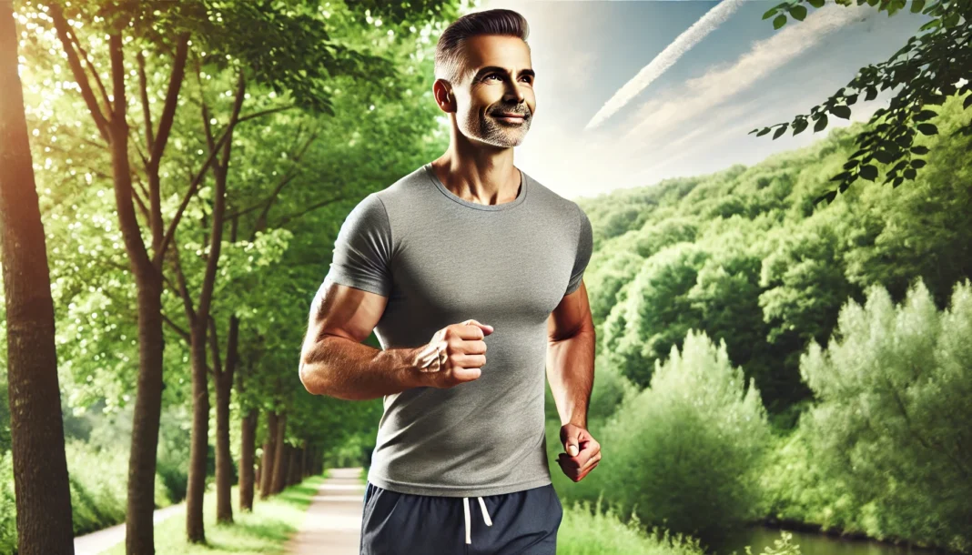 Fit Middle-Aged Man Jogging in Nature A fit middle-aged man jogs on a scenic trail surrounded by lush green trees and a bright sky. His confident and healthy posture symbolizes an active lifestyle and longevity.