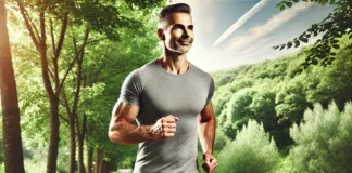 A fit middle-aged man jogs on a scenic trail surrounded by lush green trees and a bright sky. His confident and healthy posture symbolizes an active lifestyle and longevity.
