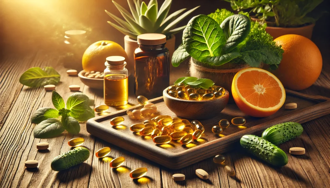 Natural Wellness and Vitamin Supplementation for Aging Men A warm, inviting wooden table with neatly arranged vitamin capsules, fish oil, leafy greens, and citrus fruits, highlighting key nutrients for longevity and healthy aging.