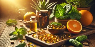 Best Vitamins for Men Over 50: Boost Energy, Hormone Health, and Longevity A warm, inviting wooden table with neatly arranged vitamin capsules, fish oil, leafy greens, and citrus fruits, highlighting key nutrients for longevity and healthy aging.