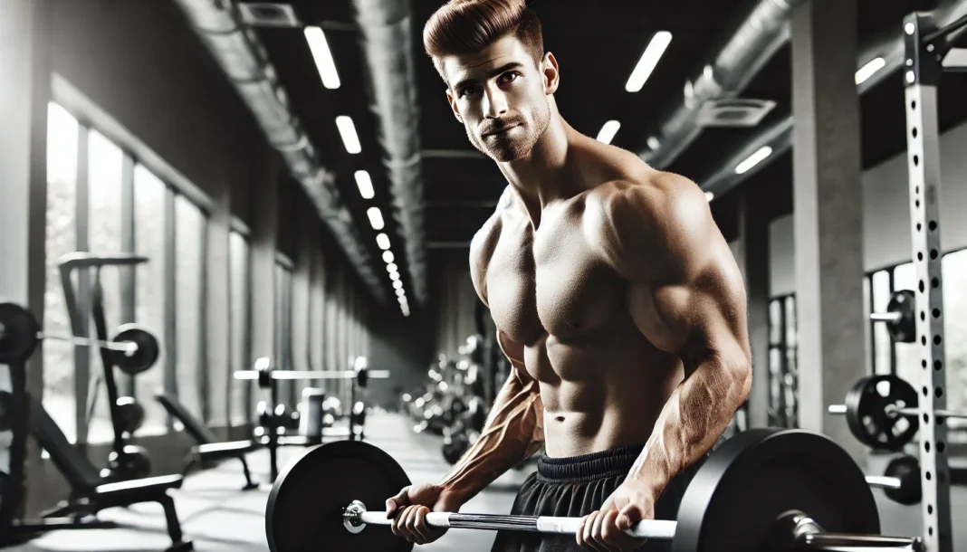 Strong Man Lifting Heavy Weights at the Gym A muscular man lifts heavy weights at the gym with a determined expression. His well-defined muscles and focused posture symbolize strength and healthy testosterone levels, with gym equipment visible in the background.