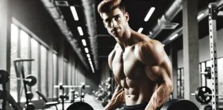 A muscular man lifts heavy weights at the gym with a determined expression. His well-defined muscles and focused posture symbolize strength and healthy testosterone levels, with gym equipment visible in the background.