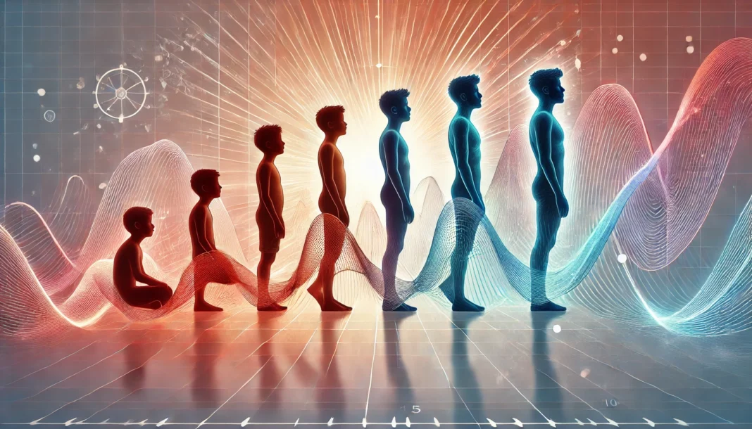 Symbolic Transformation of Boys' Puberty A digital illustration representing boys' puberty, featuring abstract energy waves and silhouettes of a growing boy in different stages. The smooth gradient background transitions from warm to cool tones, symbolizing hormonal and physical development.