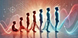 A digital illustration representing boys' puberty, featuring abstract energy waves and silhouettes of a growing boy in different stages. The smooth gradient background transitions from warm to cool tones, symbolizing hormonal and physical development.