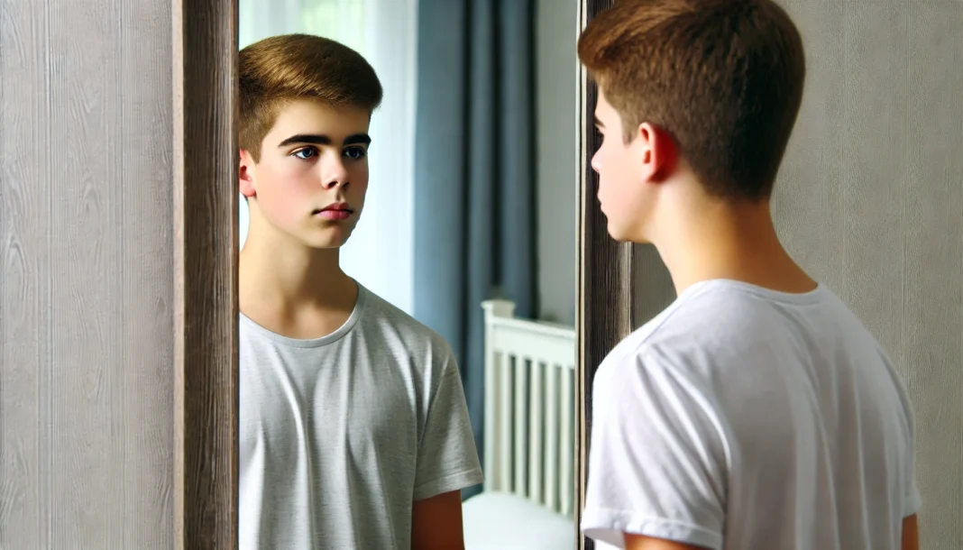 A teenage boy stands in front of a mirror in a well-lit bedroom, thoughtfully observing changes in his face and physique. His expression reflects self-awareness and personal growth during adolescence.