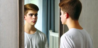 When Do Testicles Drop During Puberty? Understanding the Normal Timeline and Health Considerations A teenage boy stands in front of a mirror in a well-lit bedroom, thoughtfully observing changes in his face and physique. His expression reflects self-awareness and personal growth during adolescence.