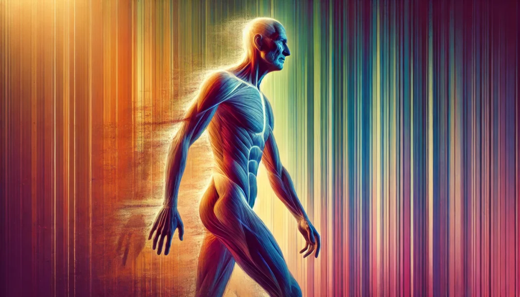 The Gradual Decline of the Human Body A conceptual representation of the body's decline with age, featuring a human figure transitioning from a strong, upright posture to a slightly hunched stance. The background gradually shifts from vibrant colors to muted tones, symbolizing reduced energy and physical aging.