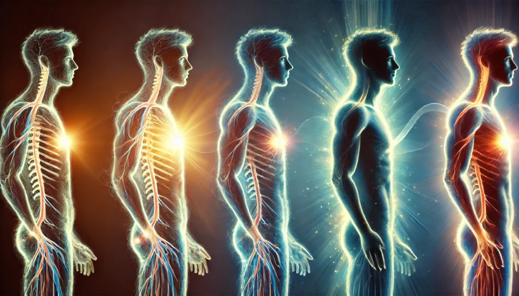 Transformation of Masculinity Through Life Stages A conceptual depiction of male transformation, featuring a silhouette evolving from youth to adulthood with a glowing energy aura symbolizing internal changes. The background subtly shifts from cool to warm tones, representing hormonal and physical development.