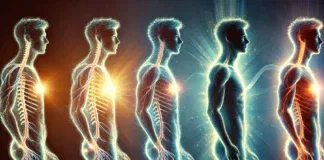 A conceptual depiction of male transformation, featuring a silhouette evolving from youth to adulthood with a glowing energy aura symbolizing internal changes. The background subtly shifts from cool to warm tones, representing hormonal and physical development.