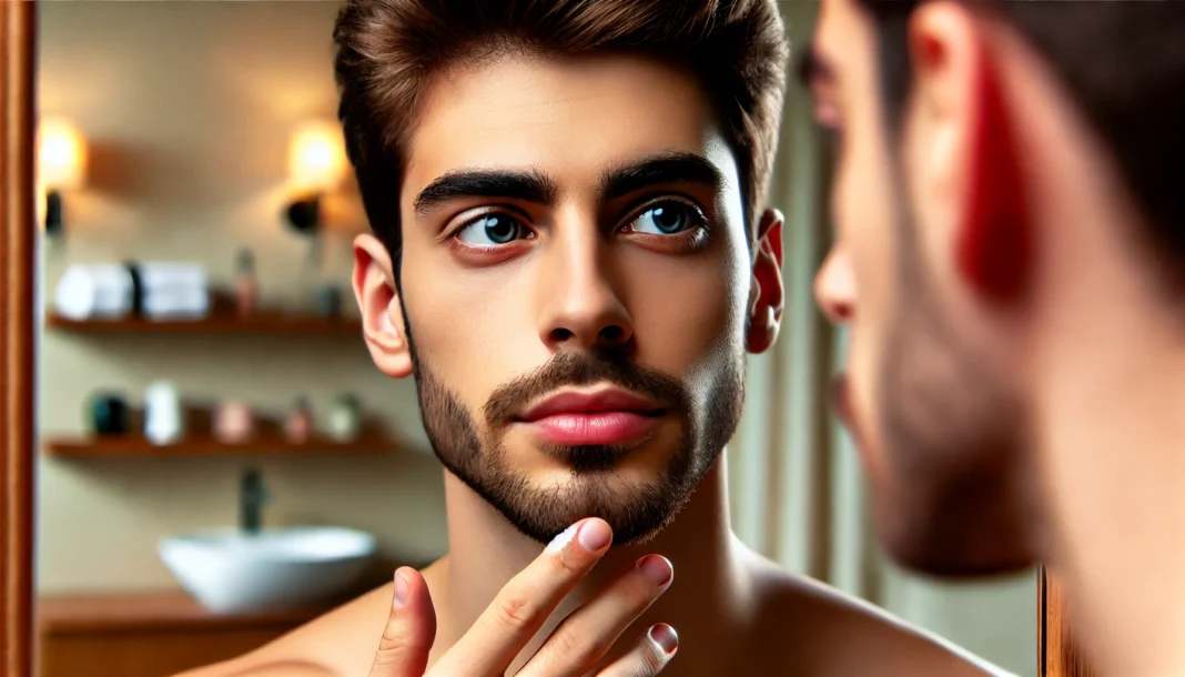Young Man Examining Early Beard Growth A young man with slight facial stubble looks into a mirror with curiosity, observing the early stages of beard growth. The background features a warm-lit bathroom, symbolizing self-awareness and personal development.