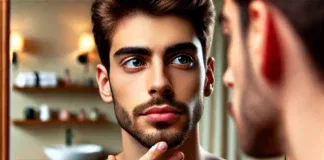 A young man with slight facial stubble looks into a mirror with curiosity, observing the early stages of beard growth. The background features a warm-lit bathroom, symbolizing self-awareness and personal development.